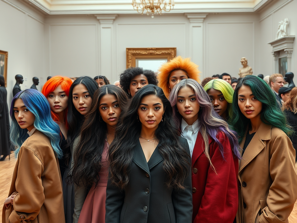 Een groep jonge vrouwen met kleurrijke haarkleuren in een kunstgalerie, allemaal recht in de camera kijkend.