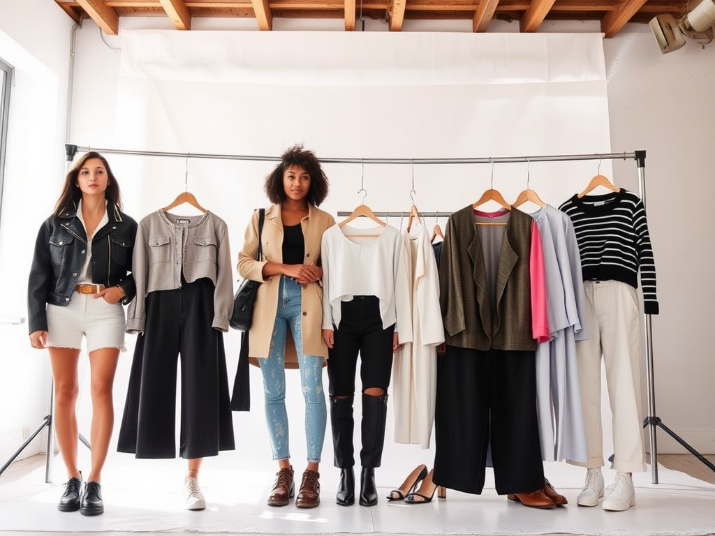 Een groep vrouwen naast een kledingrek met verschillende mode-items in een stijlvolle studio-omgeving.