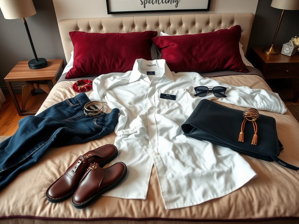 Een bed met een witte blouse, jeans, accessoires en schoenen, naast paarse kussens en een lamp.