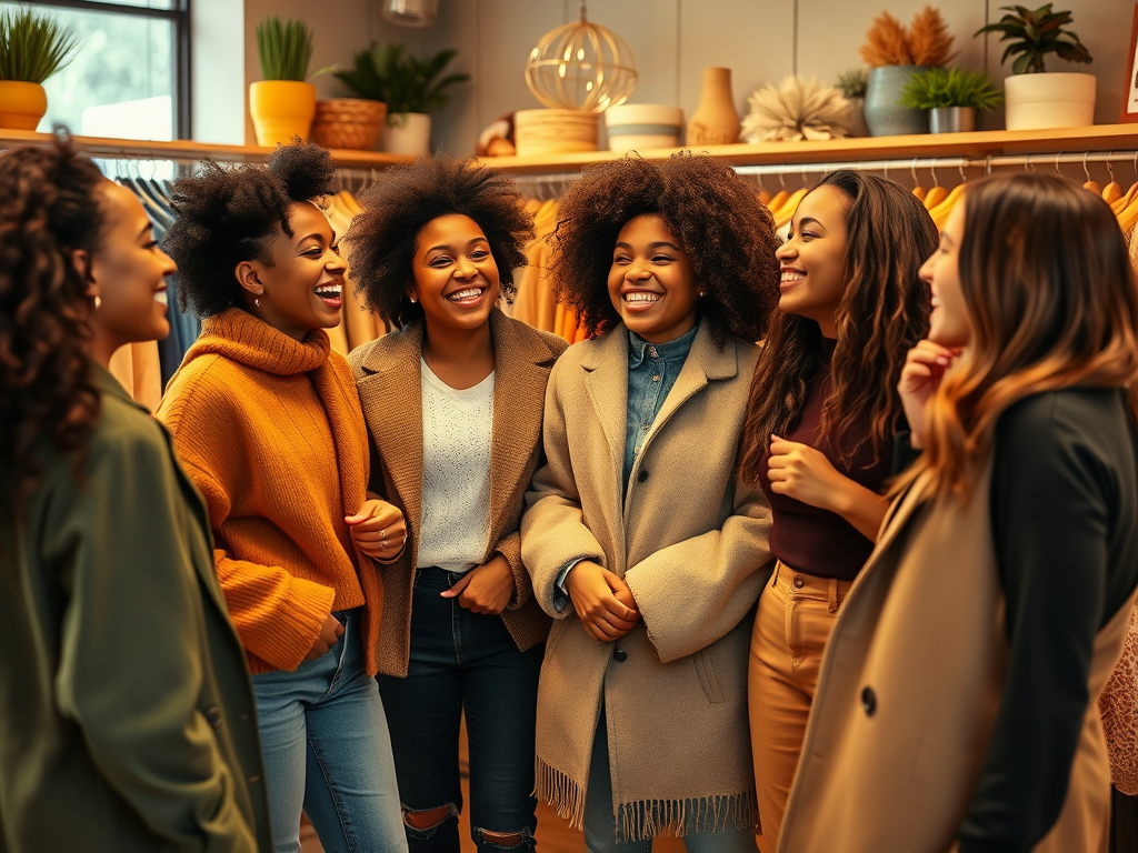 Zes vrouwen lachen en praten samen in een kledingwinkel, omringd door modeaccessoires en kleding.