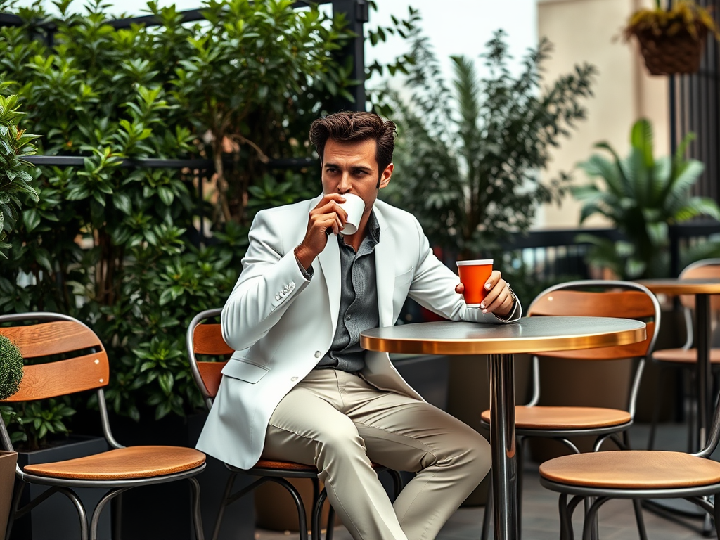 Een man in een wit pak zit aan een tafel, drinkt koffie en eet, omringd door planten op een terras.