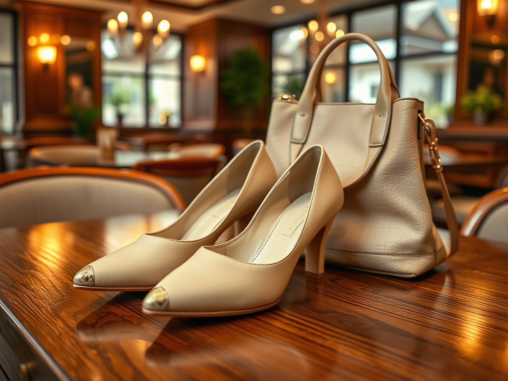 Een paar elegante beige pumps en een bijpassende handtas op een houten tafel in een sfeervolle ruimte.