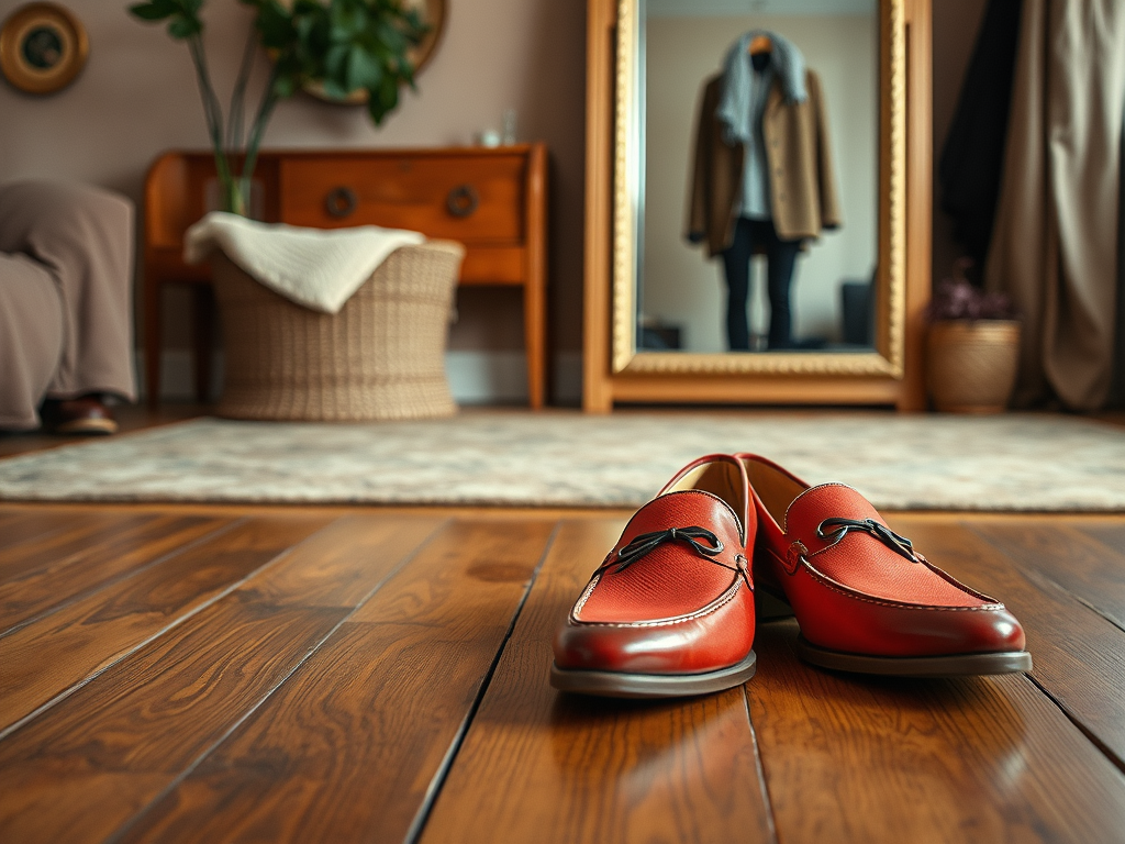 Rode schoenen staan op de vloer van een kamer, met een spiegel en kleding in de achtergrond.