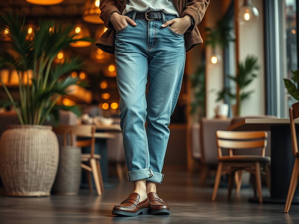 Een persoon staat in een café, gekleed in een bruin jasje, witte T-shirt en blauwdenim jeans met bruine schoenen.