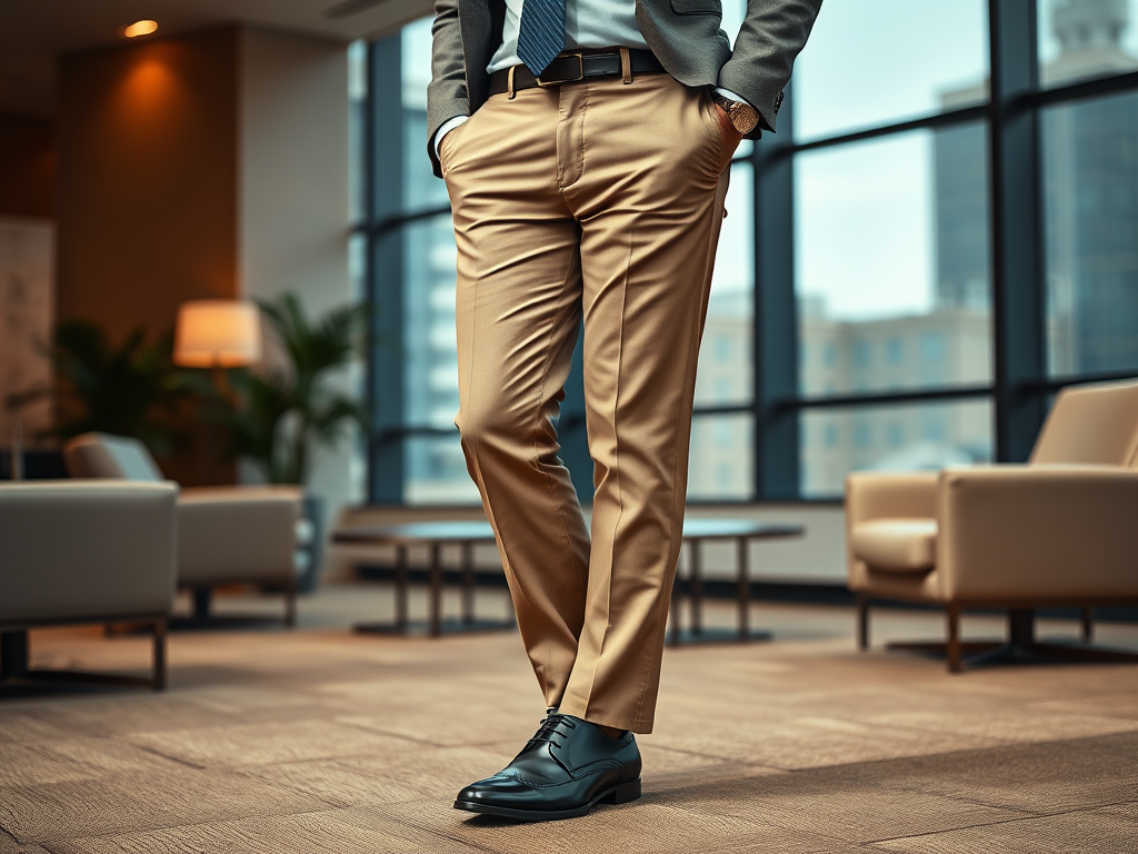 Een man in een zakelijke outfit met beige broek en zwarte schoenen, staand in een moderne kantoorruimte.