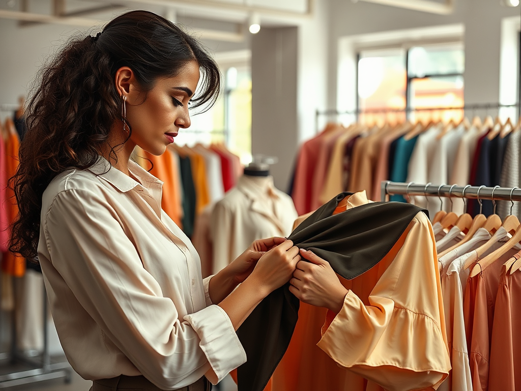 Een vrouw met krullend haar kijkt aandachtig naar een kledingstuk in een winkel vol kleurrijke kleding.