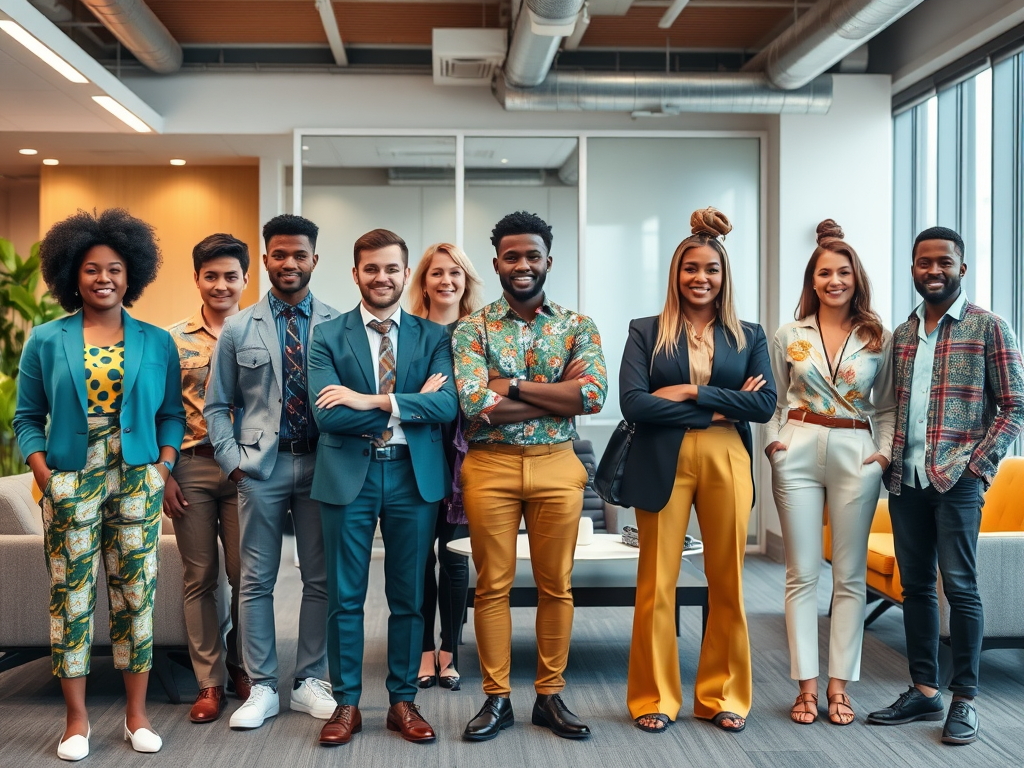 Een diverse groep jonge professionals poseert in een moderne kantooruimte, allemaal met stijlvolle outfits.