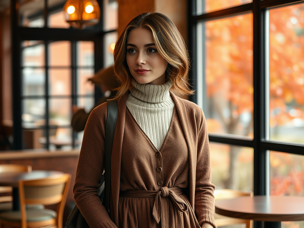 Een vrouw met een bruin vest en een turtleneck poseert in een café met herfstachtige kleuren buiten.