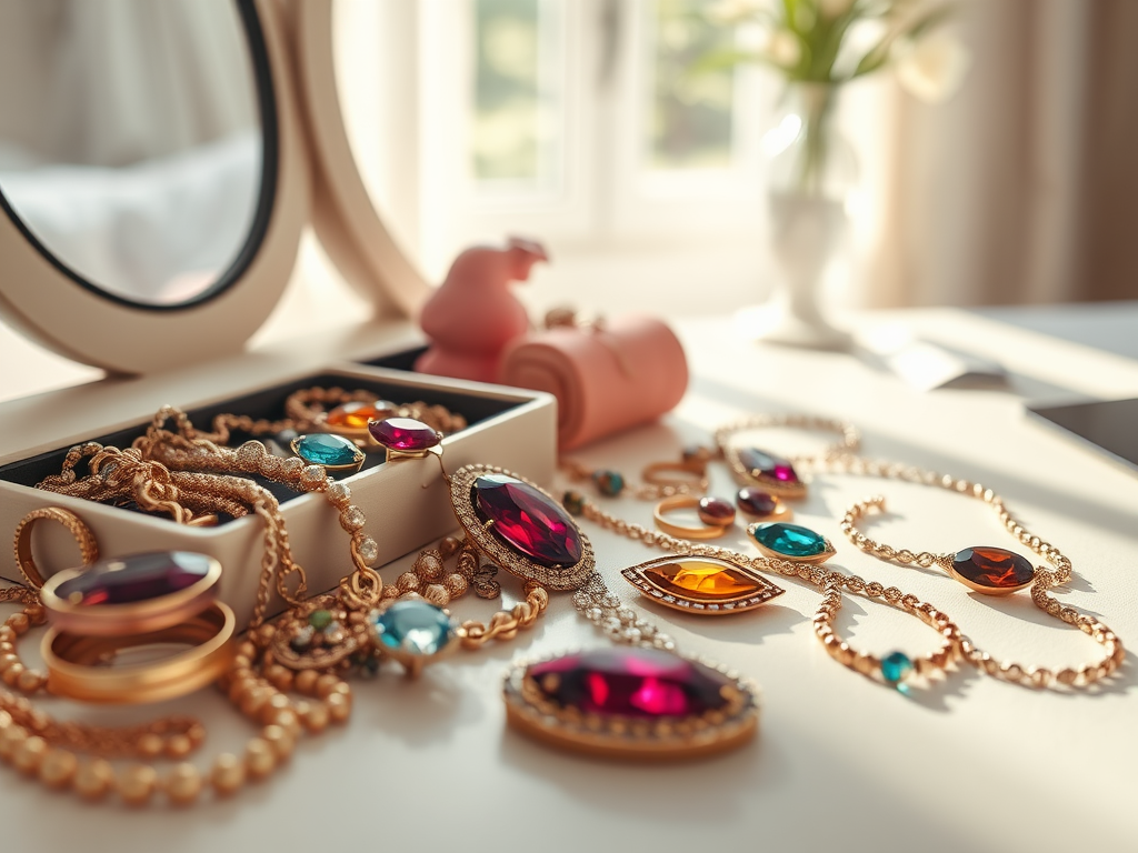 Een aantal sieraden met kleurrijke stenen ligt verspreid op een tafel bij een spiegel en een vaasje met bloemen.